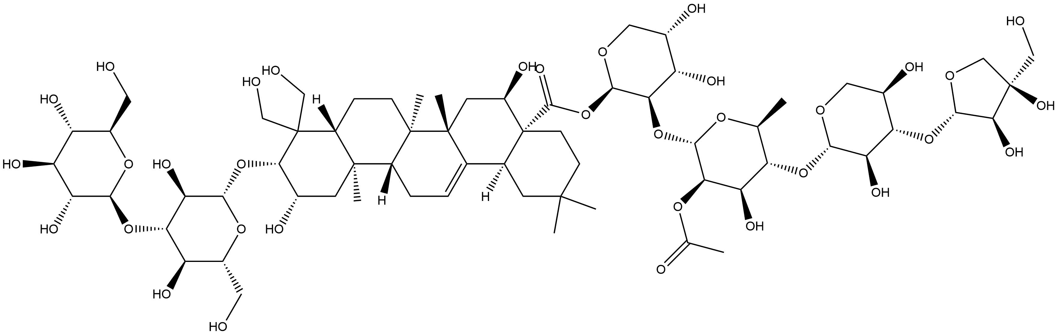 Olean-12-en-28-oic acid, 3-[(3-O-β-D-glucopyranosyl-β-D-glucopyranosyl)oxy]-2,16,23,24-tetrahydroxy-, O-D-apio-β-D-furanosyl-(1→3)-O-β-D-xylopyranosyl-(1→4)-O-2-O-acetyl-6-deoxy-α-L-mannopyranosyl-(1→2)-β-L-arabinopyranosyl ester, (2β,3β,16α)- (9CI) Struktur