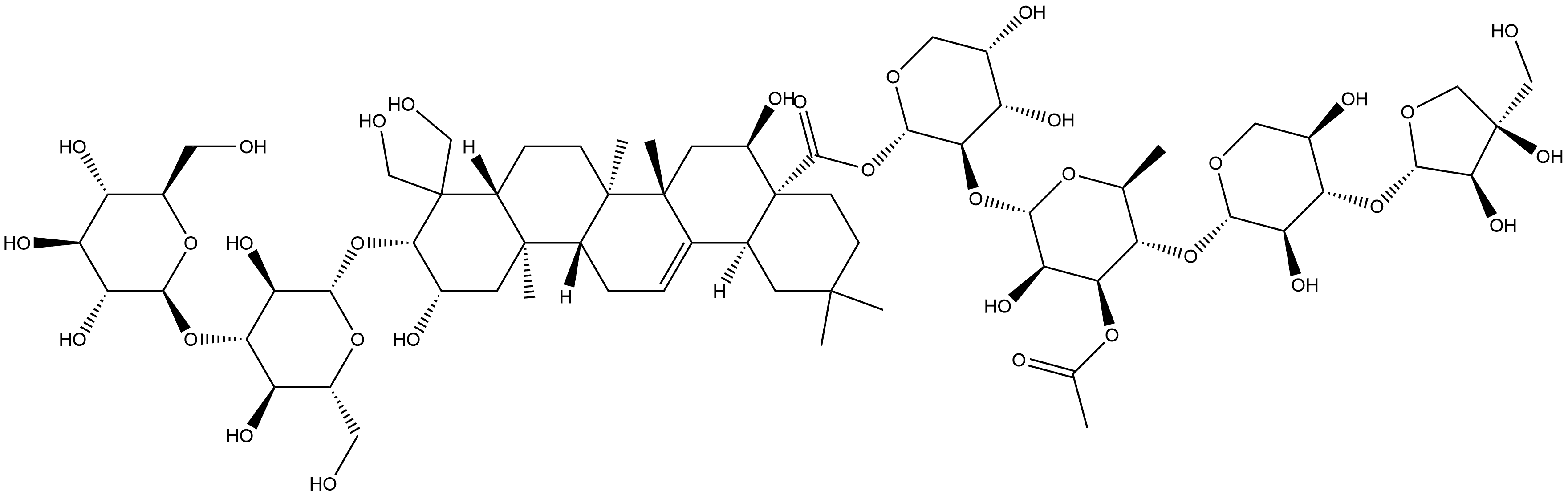 Olean-12-en-28-oic acid, 3-[(3-O-β-D-glucopyranosyl-β-D-glucopyranosyl)oxy]-2,16,23,24-tetrahydroxy-, O-D-apio-β-D-furanosyl-(1→3)-O-β-D-xylopyranosyl-(1→4)-O-3-O-acetyl-6-deoxy-α-L-mannopyranosyl-(1→2)-α-L-arabinopyranosyl ester, (2β,3β,16α)- 化学構造式