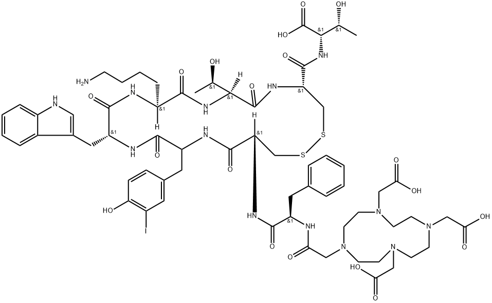 L-Threonine, N-[[4,7,10-tris(carboxymethyl)-1,4,7,10-tetraazacyclododec-1-yl]acetyl]-Dphenylalanyl-L-cysteinyl-3-iodotyrosyl-Dtryptophyl-
L-lysyl-L-threonyl-L-cysteinyl-,cyclic(27)-disulfide (9CI) 结构式