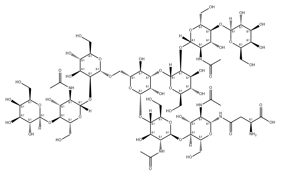 L-Asparagine, N-[O-β-D-galactopyranosyl-(1→4)-O-2-(acetylamino)-2-deoxy-β-D-glucopyranosyl-(1→2)-O-α-D-mannopyranosyl-(1→3)-O-[O-β-D-galactopyranosyl-(1→4)-O-2-(acetylamino)-2-deoxy-β-D-glucopyranosyl-(1→2)-α-D-mannopyranosyl-(1→6)]-O-β-D-mannopyranosyl-(1→4)-O-2-(acetylamino)-2-deoxy-β-D-glucopyranosyl-(1→4)-2-(acetylamino)-2-deoxy-β-D-glucopyranosyl]-,67299-24-5,结构式
