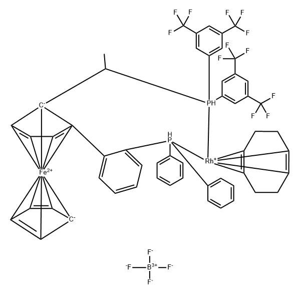 (R)-1-[(R)-2-(2''-DIPHENYLPHOSPHINOPHENYL)-FERROCENYL]-ETHYLDI-(BIS-3,5-TRIFLUOROMETHYLPHENYL)-PHOSPHINE-(1,5-CYCLOOCTADIENE)-RHODIUM(I)]-TETRAFLUOROBORATE Structure