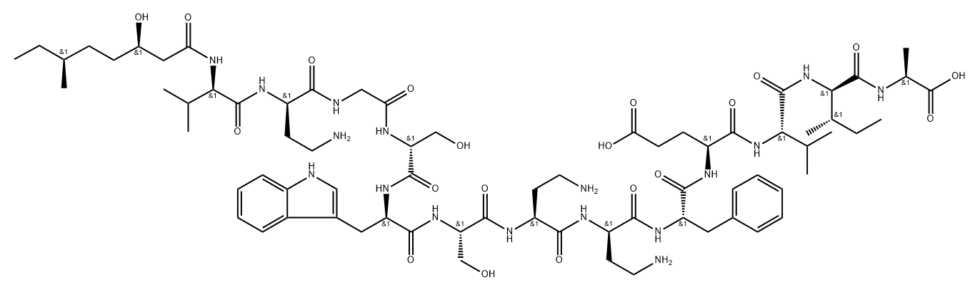 L-Alanine, N-[(3R,6S)-3-hydroxy-6-methyl-1-oxooctyl]-D-valyl-(2R)-2,4-diaminobutanoylglycyl-D-seryl-D-tryptophyl-L-seryl-(2S)-2,4-diaminobutanoyl-(2R)-2,4-diaminobutanoyl-L-phenylalanyl-L-α-glutamyl-L-valyl-D-alloisoleucyl- Structure