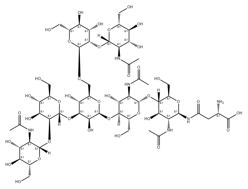 L-Asparagine, N-[O-2-(acetylamino)-2-deoxy-β-D-glucopyranosyl-(1→2)-O-α-D-mannopyranosyl-(1→3)-O-[O-2-(acetylamino)-2-deoxy-β-D-glucopyranosyl-(1→2)-α-D-mannopyranosyl-(1→6)]-O-β-D-mannopyranosyl-(1→4)-O-2-(acetylamino)-2-deoxy-β-D-glucopyranosyl-(1→4)-2-(acetylamino)-2-deoxy-β-D-glucopyranosyl]- Structure