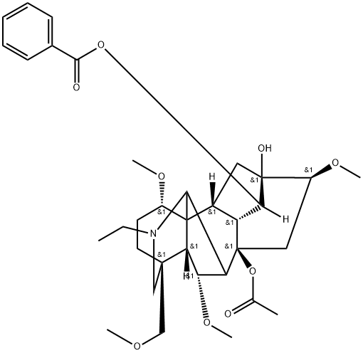 20-Ethyl-1α,6α,16β-trimethoxy-4-(methoxymethyl)aconitane-8,13,14α-triol 8-acetate 14-benzoate Struktur