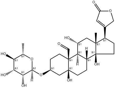 3β-[(6-デオキシ-α-L-マンノピラノシル)オキシ]-5β,11α,14-トリヒドロキシ-19-オキソカルダ-20(22)-エノリド 化学構造式