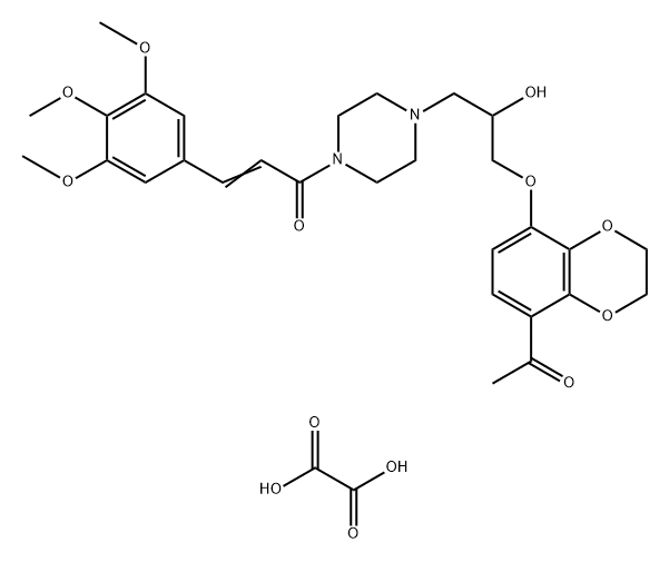 1-[2-[[(8-acetyl-2,3-dihydro-1,4-benzodioxin-5-yl)oxy]methyl]-2-hydroxy]-4-(3,4,5-trimethoxycinnamoyl)piperazinediylium oxalate Struktur