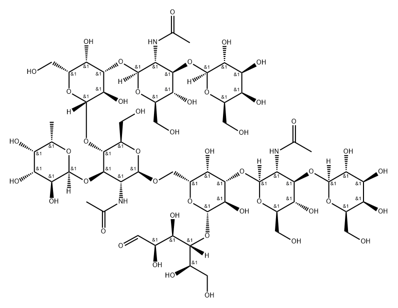 O-beta-D-Galactopyranosyl-(1-3)-O-2-(acetylamino)-2-deoxy-beta-D-glucopyranosyl-(1-3)-O-beta-D-galactopyranosyl-(1-4)-O-[6-deoxy-alpha-L-galactopyranosyl-(1-3)]-O-2-(acetylamino)-2-deoxy-beta-D-glucopyranosyl-(1-6)-O-[O-beta-D-galactopyranosyl-(1-3)-2-(acetylamino)-2-deoxy-beta-D-glucopyranosyl-(1-3)]-O-beta-D-galactopyranosyl-(1-4)-D-glucose Structure