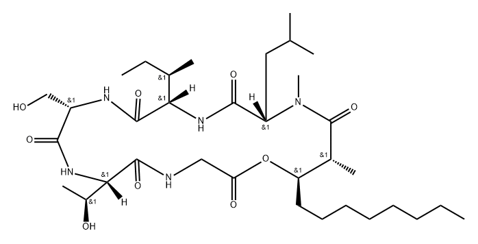 Cyclo[Gly-3-hydroxy*-2-methyl-1-oxoundecyl-N-methyl-L-Leu-L-aIle-L-Ser-L-aThr-],69639-47-0,结构式