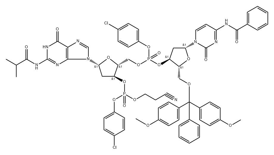 5′-O-[[N-ベンゾイル-5′-O-[ビス(4-メトキシフェニル)フェニルメチル]-3′-シチジルオキシ](4-クロロフェニルオキシ)ホスフィニル]-2′-デオキシ-N-(2-メチル-1-オキソプロピル)-3′-グアニル酸(4-クロロフェニル)=(2-シアノエチル) 化学構造式