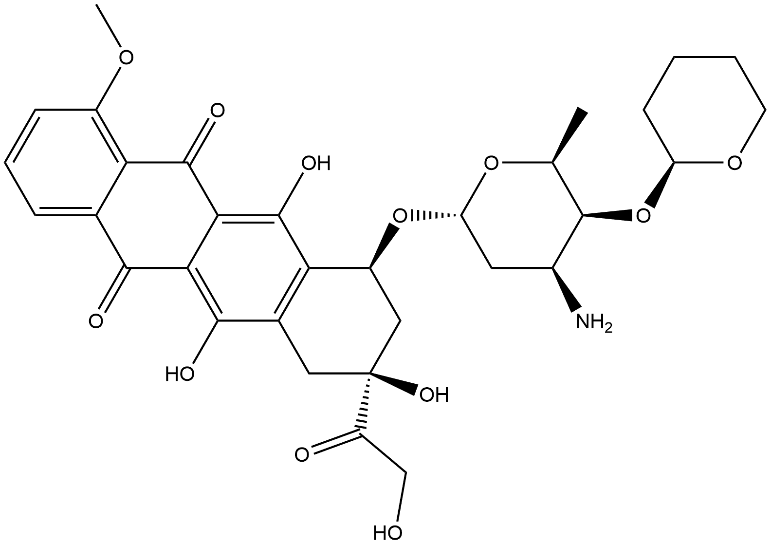 5,12-Naphthacenedione, 10-[[3-amino-2,3,6-trideoxy-4-O-(tetrahydro-2H-pyran-2-yl)-α-L-lyxo-hexopyranosyl]oxy]-7,8,9,10-tetrahydro-6,8,11-trihydroxy-8-(hydroxyacetyl)-1-methoxy-, [8S-[8α,10α(R*)]]- (9CI) 化学構造式