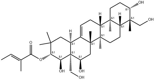 Olean-12-ene-3,16,21,22,23,28-hexol, 21-[(2E)-2-methyl-2-butenoate], (3β,4β,16α,21β,22α)- Structure