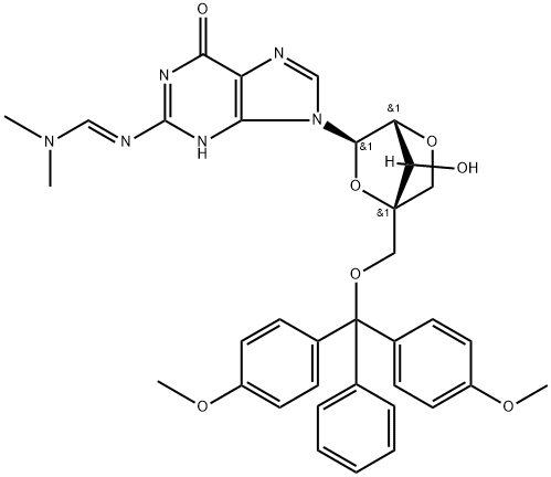 Methanimidamide, N'-[9-[2,5-anhydro-4-C-[[bis(4-methoxyphenyl)phenylmethoxy]methyl]-α-L-lyxofuranosyl]-6,9-dihydro-6-oxo-1H-purin-2-yl]-N,N-dimethyl-,709641-78-1,结构式