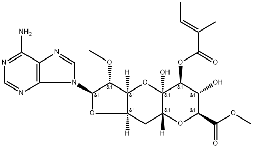 (11R)-11-C-(6-アミノ-9H-プリン-9-イル)-2,6:8,11-ジアンヒドロ-10-O-メチル-4-O-[(E)-1-オキソ-2-メチル-2-ブテニル]-7-デオキシ-α-L-ido-D-lyxo-5-ウンデクロ-5,9-ピラノソン酸メチル 化学構造式