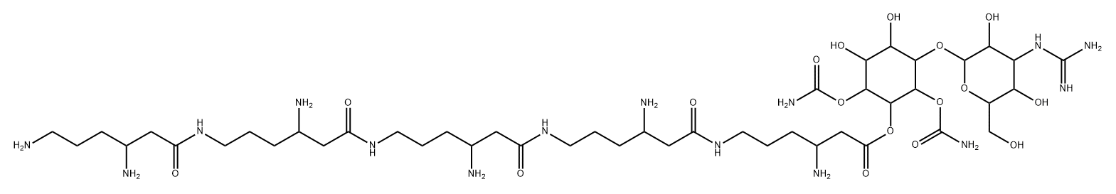 D-myo-Inositol, 4-O-[3-[(aminoiminomethyl)amino]-3-deoxy-β-D-mannopyranosyl]-, 1,3-dicarbamate 2-[(3S,10S,17S,24S,31S)-3,10,17,24,31,34-hexaamino-8,15,22,29-tetraoxo-7,14,21,28-tetraazatetratriacontanoate] (9CI) Struktur
