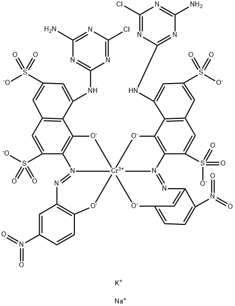 Chromate(5-),bis[5-[(4-amino-6-chloro-1,3,5-triazin-2-yl)amino]-4-hydroxy-3-[(2-hydroxy-5-nitrophenyl)azo]-2,7-naphthalenedisulfonato(4-)]-,tetrapotassium sodium 化学構造式