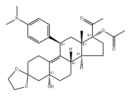 (1R,5aR,10R,11aS)-1-acetyl-10-[4-(dimethylamino)phenyl]-5a-hydroxy-11a-methyl-3,3a,3b,4,5,6,8,9,10,11-decahydro-2H-spiro[cyclopenta[a]phenanthrene-7,2'-[1,3]dioxolan]-1-yl acetate,730962-28-4,结构式