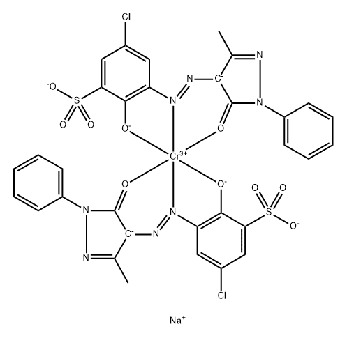 trisodium bis[5-chloro-3-[(4,5-dihydro-3-methyl-5-oxo-1-phenyl-1H-pyrazol-4-yl)azo]-2-hydroxybenzenesulphonato(3-)]chromate(3-)  Struktur