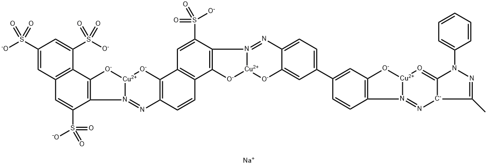 Cuprate(4-), [mu3-[7-[[6-[[4'-[(4,5-dihydro-3-methyl-5-oxo-1-phenyl-1H-pyrazol-4-yl)azo]-3,3'-dihydroxy[1,1'-biphenyl]-4-yl]azo]-1,5-dihydroxy-7-sulfo-2-naphthalenyl]azo]-8-hydroxy-1,3,6-naphthalenetrisulfonato(10-)]]tri-, tetrasodium Structure