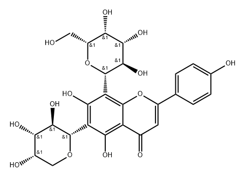 4H-1-Benzopyran-4-one, 6-α-L-arabinopyranosyl-8-β-D-galactopyranosyl-5,7-dihydroxy-2-(4-hydroxyphenyl)- 化学構造式
