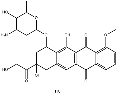 5,12-Naphthacenedione, 10-[(3-amino-2,3,6-trideoxy-α-L-lyxo-hexopyranosyl)oxy]-7,8,9,10-tetrahydro-8,11-dihydroxy-8-(2-hydroxyacetyl)-1-methoxy-, hydrochloride (1:1), (8S,10S)- Struktur