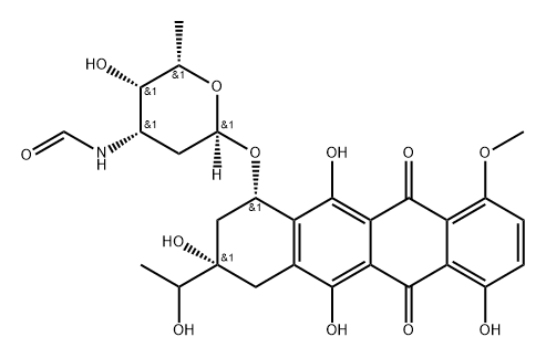 (8S,10S)-7,8,9,10-テトラヒドロ-4,6,8,11-テトラヒドロキシ-8β-(1-ヒドロキシエチル)-1-メトキシ-10α-[[2,3,6-トリデオキシ-3-(ホルミルアミノ)-α-L-lyxo-ヘキソピラノシル]オキシ]-5,12-ナフタセンジオン 化学構造式