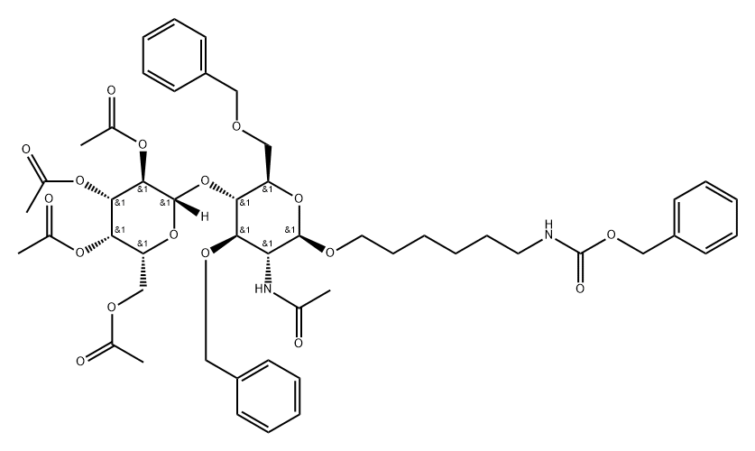 Carbamic acid, 6-2-(acetylamino)-2-deoxy-3,6-bis-O-(phenylmethyl)-4-O-(2,3,4,6-tetra-O-acetyl-.beta.-D-galactopyranosyl)-.beta.-D-glucopyranosyloxyhexyl-, phenylmethyl ester,74666-19-6,结构式