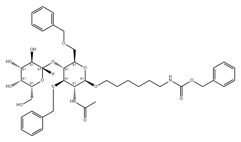 Carbamic acid, 6-2-(acetylamino)-2-deoxy-4-O-.beta.-D-galactopyranosyl-3,6-bis-O-(phenylmethyl)-.beta.-D-glucopyranosyloxyhexyl-, phenylmethyl ester,74666-20-9,结构式