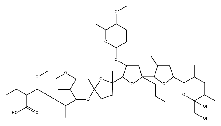 Monensin, 2-demethyl-16-deethyl-2-ethyl-7-O-methyl-16-propyl-14-[[(2S,5S,6R)-tetrahydro-5-methoxy-6-methyl-2H-pyran-2-yl]oxy]-, (14R)- (9CI) Structure