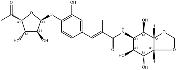 5-[[(E)-3-[4-[(6-デオキシ-α-L-xylo-ヘキソフラノース-5-ウロース-1-イル)オキシ]-3-ヒドロキシフェニル]-2-メチル-1-オキソ-2-プロペニル]アミノ]-1-O,2-O-メチレン-5-デオキシ-D-neo-イノシトール 化学構造式