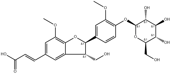 2-Propenoic acid, 3-[(2R,3S)-2-[4-(β-D-glucopyranosyloxy)-3-methoxyphenyl]-2,3-dihydro-3-(hydroxymethyl)-7-methoxy-5-benzofuranyl]-, (2E)- 化学構造式