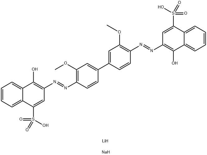 3,3′-[(3,3′-ジメトキシ[1,1′-ビフェニル]-4,4′-ジイル)ビス(アゾ)]ビス[4-ヒドロキシ-1-ナフタレンスルホン酸]1-リチウム1′-ナトリウム 化学構造式