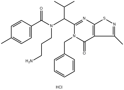 Benzamide, N-(3-aminopropyl)-N-[1-[4,5-dihydro-3-methyl-4-oxo-5-(phenylmethyl)isothiazolo[5,4-d]pyrimidin-6-yl]-2-methylpropyl]-4-methyl-, hydrochloride (1:1) Structure