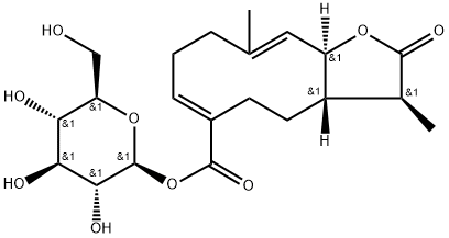 β-D-Glucopyranose, 1-[(3S,3aS,6Z,10E,11aS)-2,3,3a,4,5,8,9,11a-octahydro-3,10-dimethyl-2-oxocyclodeca[b]furan-6-carboxylate] 化学構造式
