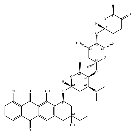 5,12-Naphthacenedione, 8-ethyl-7,8,9,10-tetrahydro-1,8,11-trihydroxy-10-[[2,3,6-trideoxy-4-O-[2,6-dideoxy-4-O-[(2R,6S)-tetrahydro-6-methyl-5-oxo-2H-pyran-2-yl]-α-L-lyxo-hexopyranosyl]-3-(dimethylamino)-α-L-lyxo-hexopyranosyl]oxy]-, (8S,10S)- Structure