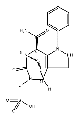 rel-(4R,7R,8R)-2,3,4,5,6,8-Hexahydro-6-oxo-1- phenyl-5-(sulfooxy)-1H-4,7-methanopyrazolo [3,4-e][1,3]diazepine-8-carboxamide Struktur