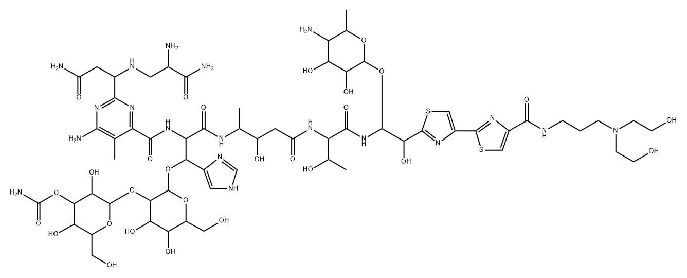 [2-[2-[2-[[6-amino-2-[1-[(2-amino-2-carbamoyl-ethyl)amino]-2-carbamoyl -ethyl]-5-methyl-pyrimidine-4-carbonyl]amino]-2-[[4-[[1-[[1-(5-amino-3 ,4-dihydroxy-6-methyl-oxan-2-yl)oxy-2-[4-[4-[3-(bis(2-hydroxyethyl)ami no)propylcarbamoyl]-1,3-thiazol-2-yl]-1,3-thiazol-2-yl]-2-hydroxy-ethy l]carbamoyl]-2-hydroxy-propyl]carbamoyl]-3-hydroxy-butan-2-yl]carbamoy l]-1-(3H-imidazol-4-yl)ethoxy]-4,5-dihydroxy-6-(hydroxymethyl)oxan-3-y l]oxy-3,5-dihydroxy-6-(hydroxymethyl)oxan-4-yl] carbamate,77368-79-7,结构式