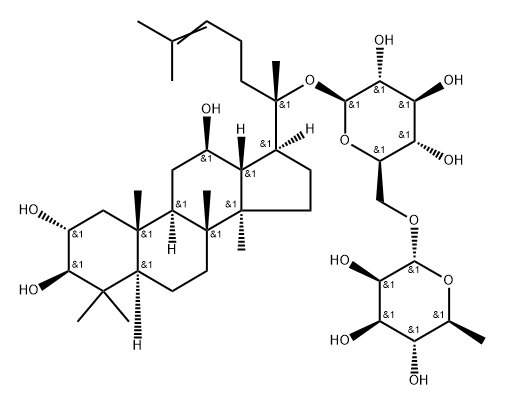 β-D-Glucopyranoside, (2α,3β,12β)-2,3,12-trihydroxydammar-24-en-20-yl 6-O-(6-deoxy-α-L-mannopyranosyl)- Struktur