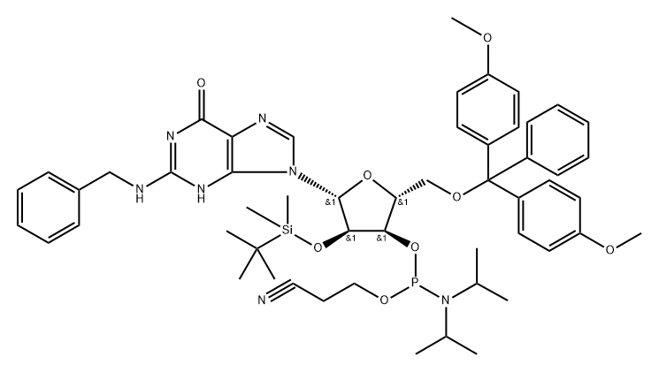 N2-Benzyl-2'-O-tert-butyldimethylsilyl-5'-O-DMT-guanosine 3'-CE phosphoramidite 结构式
