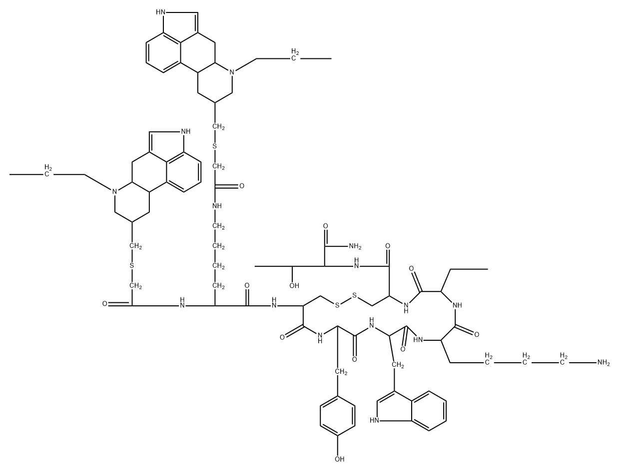 L-Threoninamide, N2,N6-bis[2-[[[(8β)-6-propylergolin-8-yl]methyl]thio]acetyl]-D-lysyl-L-cysteinyl-L-tyrosyl-D-tryptophyl-L-lysyl-(2S)-2-aminobutanoyl-L-cysteinyl-, cyclic (2→7)-disulfide Structure