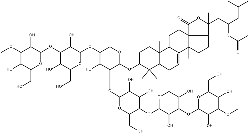 Lanost-7-en-18-oic acid, 23-(acetyloxy)-20-hydroxy-3-[(O-3-O-methyl-β-D-glucopyranosyl-(1→3)-O-β-D-glucopyranosyl-(1→4)-O-[O-3-O-methyl-β-D-glucopyranosyl-(1→3)-O-β-D-xylopyranosyl-(1→4)-β-D-glucopyranosyl-(1→2)]-β-D-xylopyranosyl)oxy]-, γ-lactone, (3β,9β,23S)- Structure