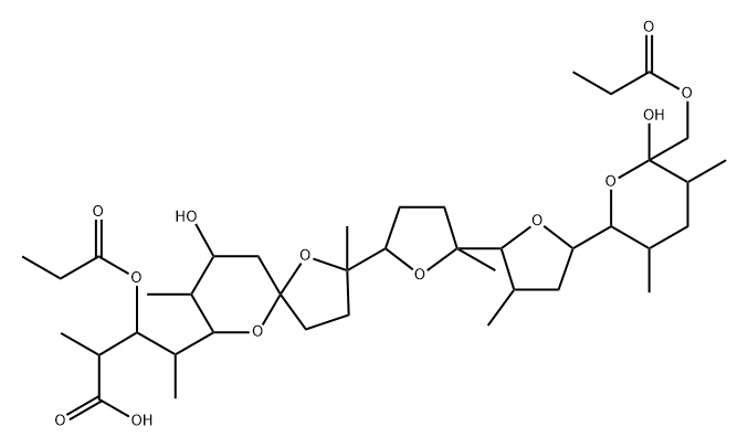 Monensin, 16-deethyl-3-O-demethyl-16-methyl-3-O-(1-oxopropyl)-, 26-propanoate Structure