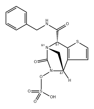 rel-(4R,7R,8S)-4,5,6,8-Tetrahydro-6-oxo-N- (phenylmethyl)-5-(sulfooxy)-4,7-methano-7Hthieno[2,3-e][1,3]diazepine-8-carboxamide Struktur