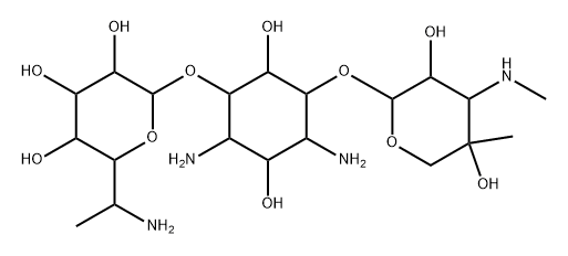 D-Streptamine, O-6-amino-6,7-dideoxy-D-glycero-α-D-gluco-heptopyranosyl-(1→4)-O-[3-deoxy-4-C-methyl-3-(methylamino)-β-L-arabinopyranosyl-(1→6)]- Struktur