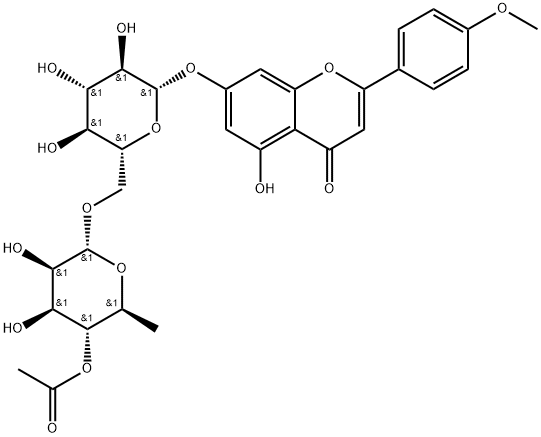 4H-1-Benzopyran-4-one, 7-[[6-O-(4-O-acetyl-6-deoxy-α-L-mannopyranosyl)-β-D-glucopyranosyl]oxy]-5-hydroxy-2-(4-methoxyphenyl)-,79541-06-3,结构式