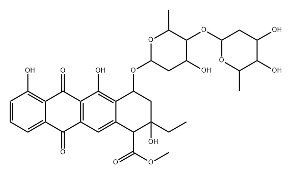 1-Naphthacenecarboxylic acid, 4-((2,6-dideoxy-4-O-(2,6-dideoxy-alpha-L -lyxo-hexopyranosyl)-alpha-L-lyxo-hexopyranosyl)oxy)-2-ethyl-1,2,3,4,6 ,11-hexahydro-2,5,7-trihydroxy-6,11-dioxo-, methyl ester, (1R-(1alpha, 2beta,4beta))- Struktur