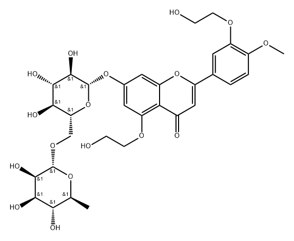 4H-1-Benzopyran-4-one, 7-[[6-O-(6-deoxy-α-L-mannopyranosyl)-β-D-glucopyranosyl]oxy]-5-(2-hydroxyethoxy)-2-[3-(2-hydroxyethoxy)-4-methoxyphenyl]- Struktur