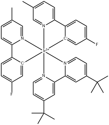 Iridium(1+), [4,4'-bis(1,1-dimethylethyl)-2,2'-bipyridine-κN1,κN1']bis[5-fluoro-2-(5-methyl-2-pyridinyl-κN)phenyl-κC]-, (OC-6-33)- (9CI) Structure