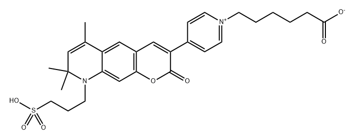 Pyridinium, 1-(5-carboxypentyl)-4-[8,9-dihydro-6,8,8-trimethyl-2-oxo-9-(3-sulfopropyl)-2H-pyrano[3,2-g]quinolin-3-yl]-, inner salt Structure