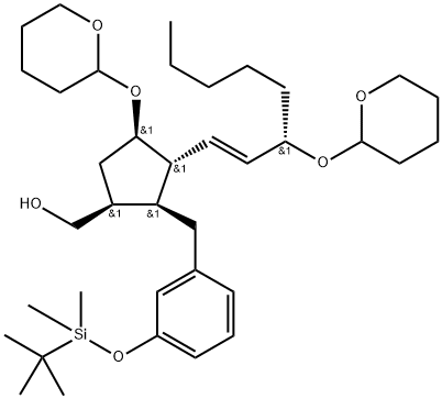 环戊烷甲醇,2-[[3-[[1,1-二甲基乙基)二甲基硅烷基]氧基]苯基]甲基]-4-[(四氢-2H-吡喃-2-基)氧基]-1-辛烯基]-,[1S-[1Α,2Α,3Β(1E,3R*),4Α]], 81846-26-6, 结构式