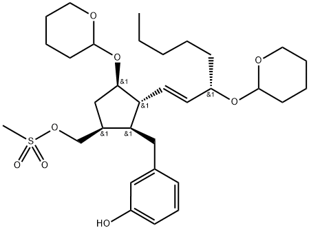 Phenol, 3-[[5-[[(methylsulfonyl)oxy]methyl]-3-[(tetrahydro-2H-pyran-2-yl)oxy]-2-[3-[(tetrahydro-2H-pyran-2-yl)oxy]-1-octenyl]cyclopentyl]methyl]-, [1S-[1α,2β(1E,3R*),3α,5α]]- (9CI) Structure
